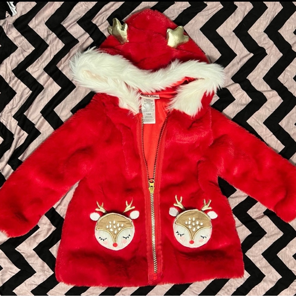 Red Faux Fur Hooded Jacket with Reindeer Pockets